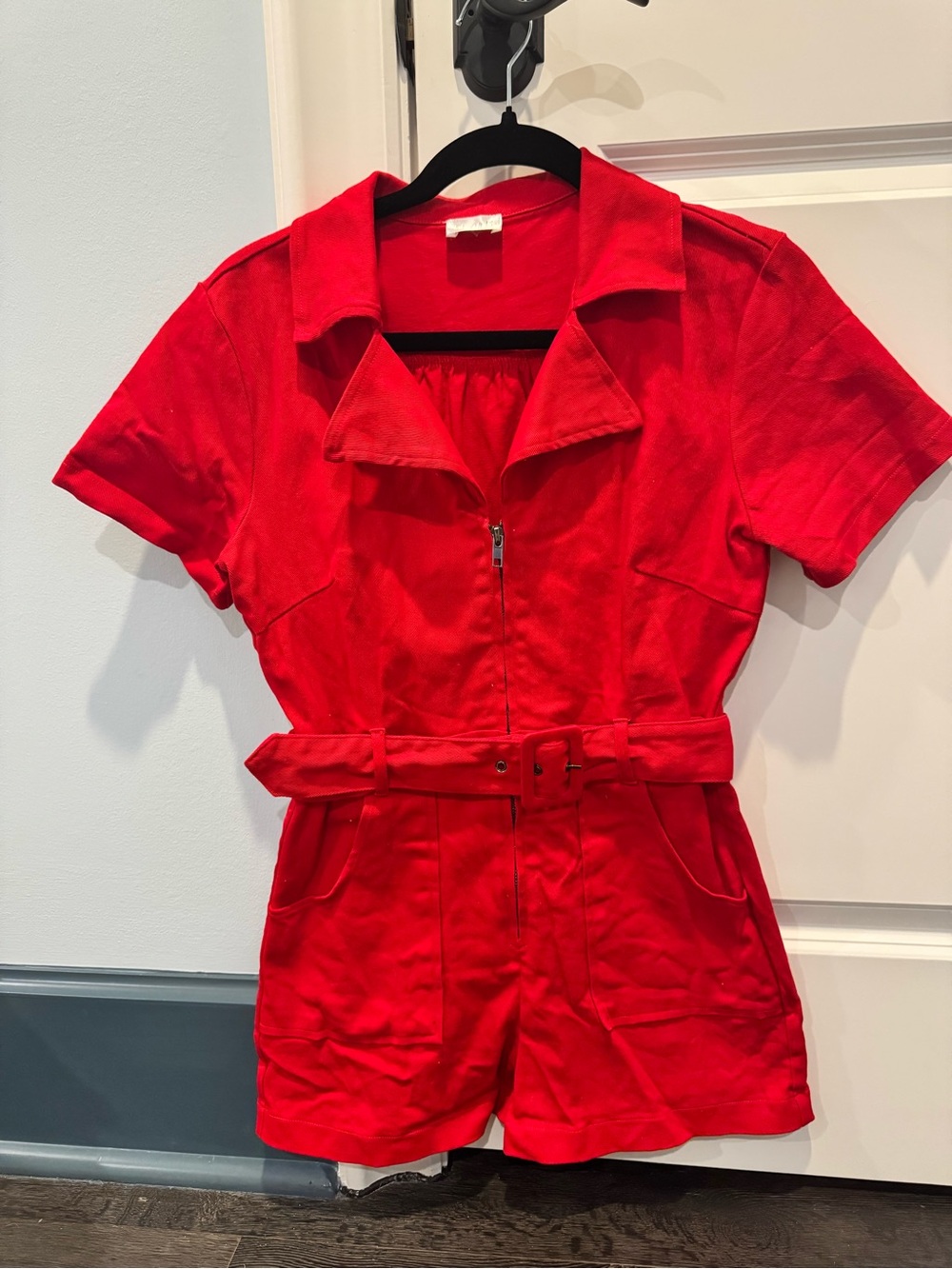 Red Short-Sleeve Belted Romper - Women